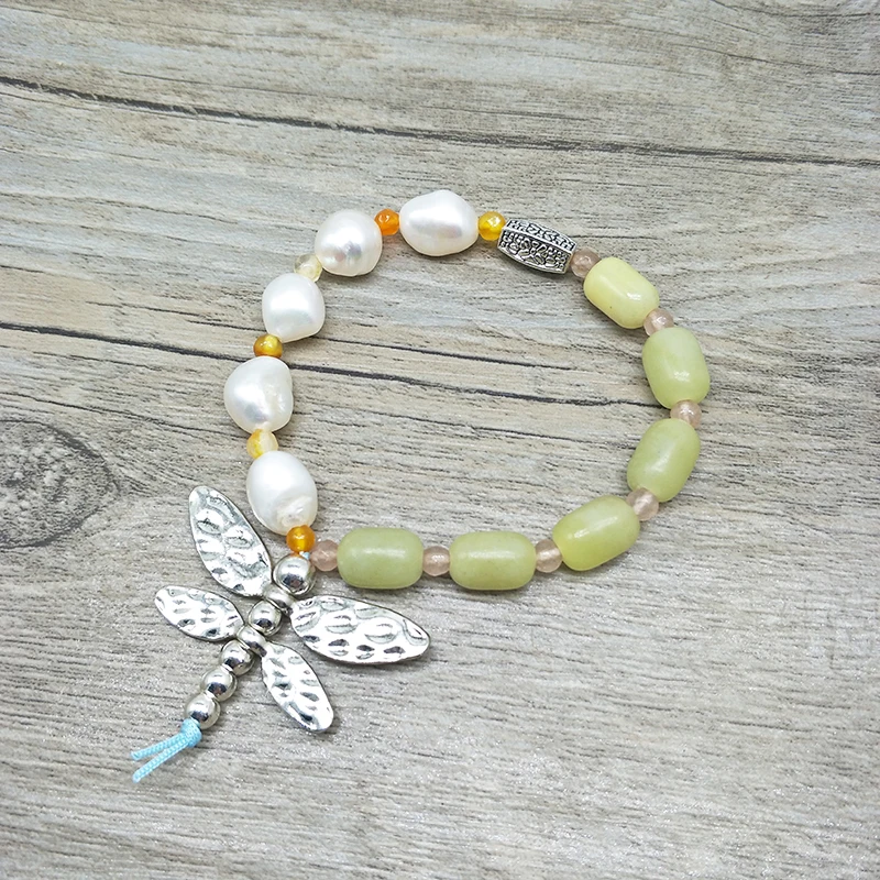 

New high-end custom women's bracelet lemon stone and pearl beaded jewelry retro metal skull pendant