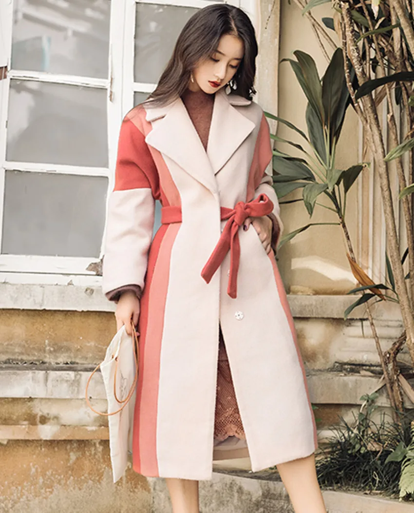 

New Fashion Oversize Women Outerwear 2018 Runway Autumn Winter Wool Tweed Patchwork Bow Casual Turn Down Collar Loose Wool Coats