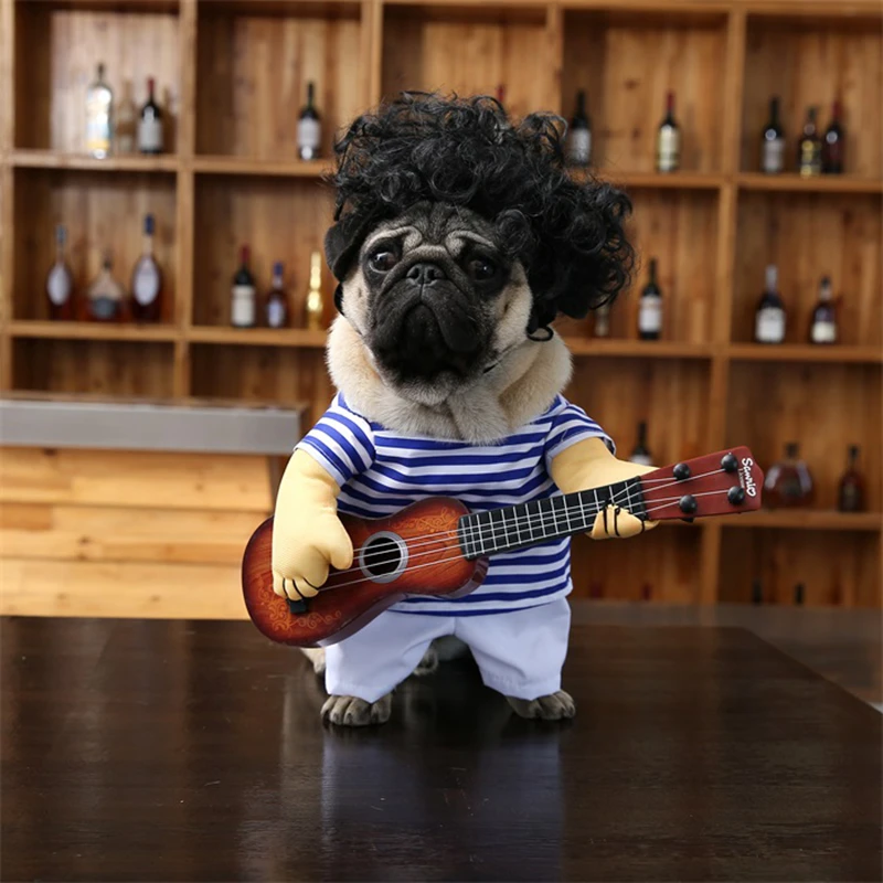 Кудрявый парик и гитарный костюм для французских Бульдогов и других маленьких собак, одежда для собак