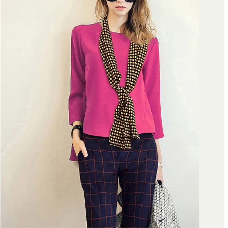 Ellacey, Новое поступление, брендовые весенние модные женские костюмы, свободные шифоновые блузки+ клетчатые брюки+ шарфы, комплект из 3 предметов