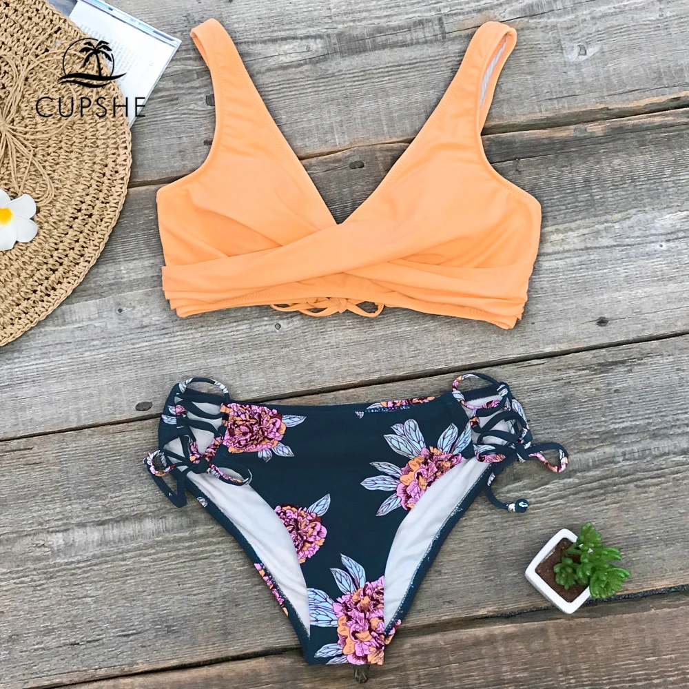 Günstig CUPSHE Orange Und Lila Blumen Spitze Up Bikini Sets Frauen Boho Zwei Stück Badeanzüge 2020 Mädchen Strand Badeanzüge bademode