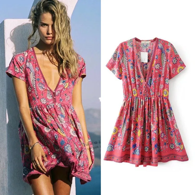 Boho dress RED birds floral print mini dress V neck short sleeve women