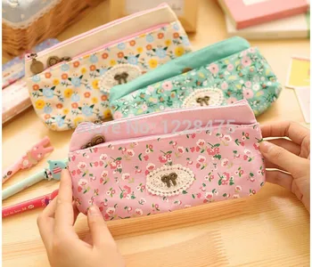 

1pcs/Lot New fresh lace flower seriesr Double zipper Rolling pencil bag pouch pen case holder KOREA Stationery 3color