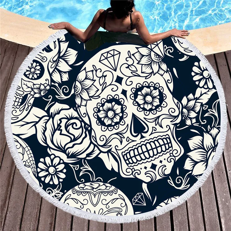 Billige Zucker Schädel Gedruckt Großen Runden Strandtuch für Erwachsene Mikrofaser Sommer Handtuch Yoga Matte 150 cm Blanket Black Badetuch tapisserie