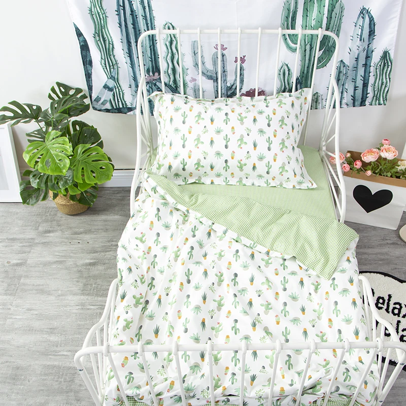 customize ins hot crib pillowcase bed sheet quilt cover 100% cotton cactus pattern baby kids bedding set  (5)