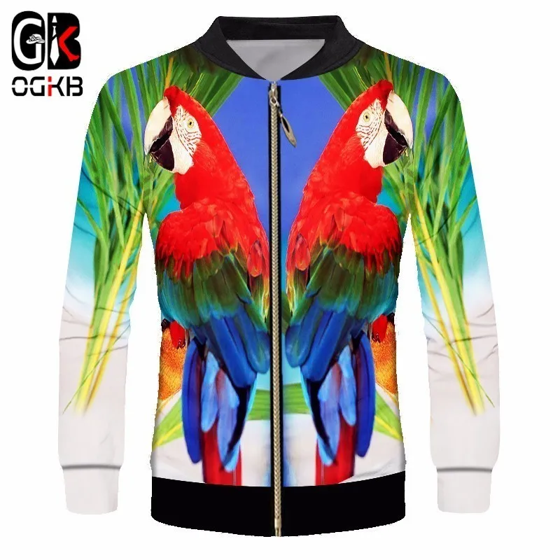 OGKB Mans Sporty Casual 3d Printed Tropical Parrot Jacket Bird Coats Streetwear Fashion Tracksuit Long Sleeve Outerwear Unisex | Мужская