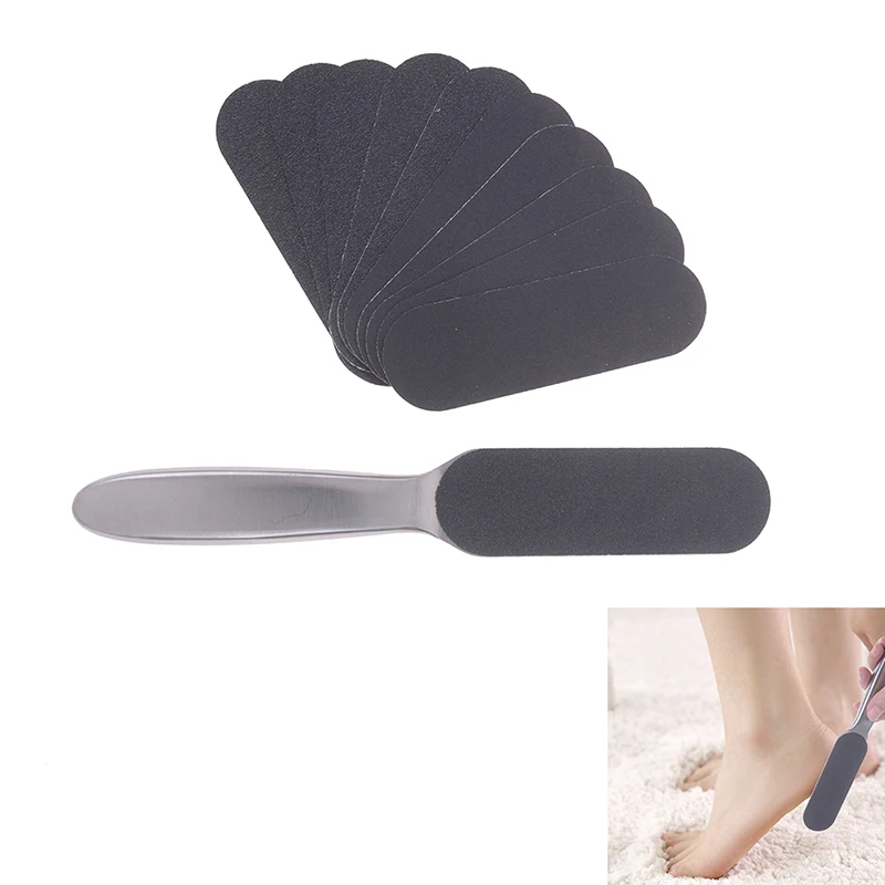 Double Sided Foot Rasp Foot Care Calluses Remover Pedicure Stainless Steel Handle +10Pcs Replacement Pads Sand Paper