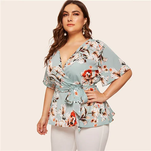 Sheinside размера плюс Повседневная Цветочная женская блузка с v-образным вырезом летняя блуза с поясом с рукавом три четверти - Цвет: Многоцветный