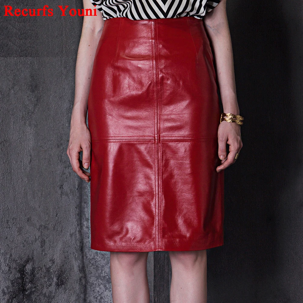 RYS625 Весенняя модная женская юбка из натуральной кожи, женская черная/красная Сексуальная миди длинная приталенная юбка с высокой талией