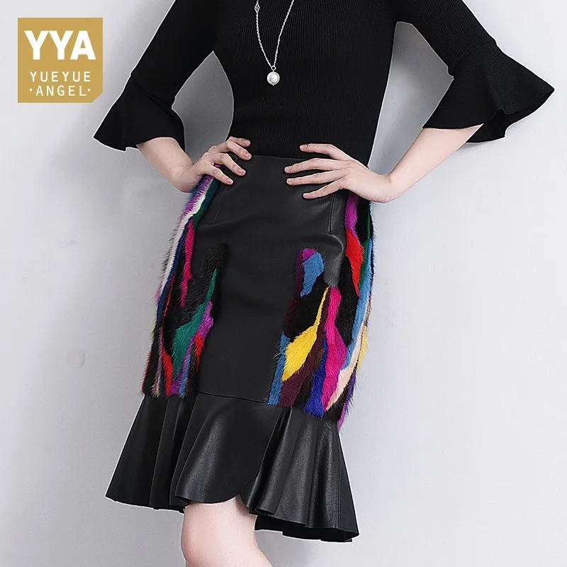 

Womens Skirts Sheepskin Genuine Leather Hot Fashion Elegant Wrap Mermaid Saia Feminina Sweet High Waist Knee-Length Jupe Femme