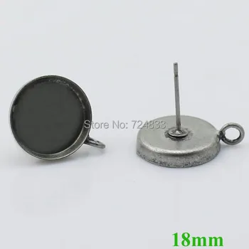 

Blank Earrings Bases 18mm Round Deep Wall cups Bezel w/ a Loop Cabochon Stud Earrings post Settings Findings Antqiue Silver tone