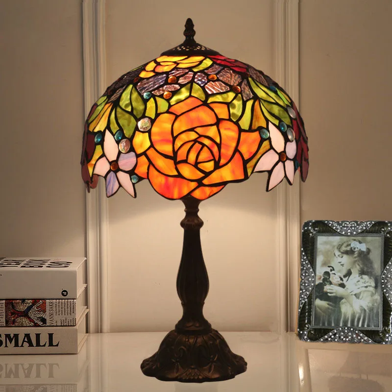 

12 Inch Stained Glass Retro Lamp Luxury Vintage Table Lamp Bar Lampa Nocna Bedside Deco Hogar Mariage Deco Nachttischlampe