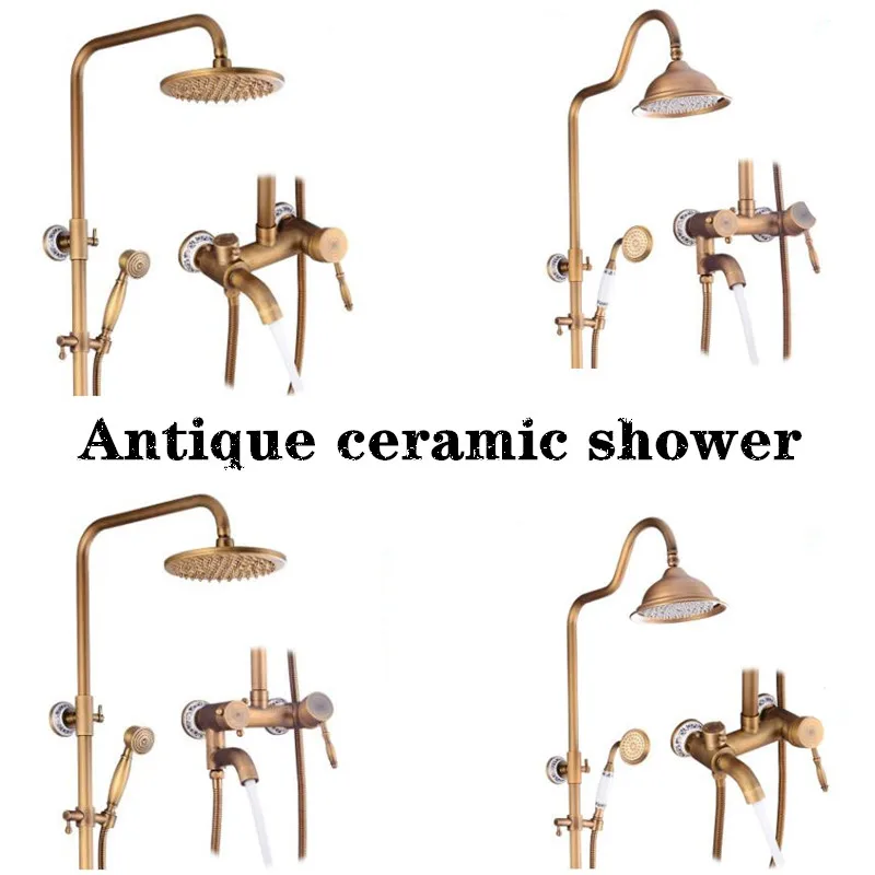 

European Copper Shower Set Antique Ceramic Three Block Flower Shower Can Lift Hand-held Flower Shower
