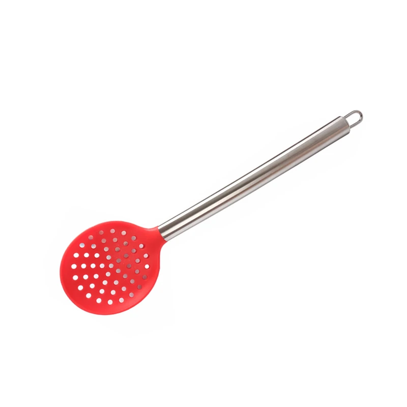 

1Pc Kitchen Utensils Silicone Colander Stainless steel Handle Red Slotted Spoon 34*9.5cm Cooking Tools