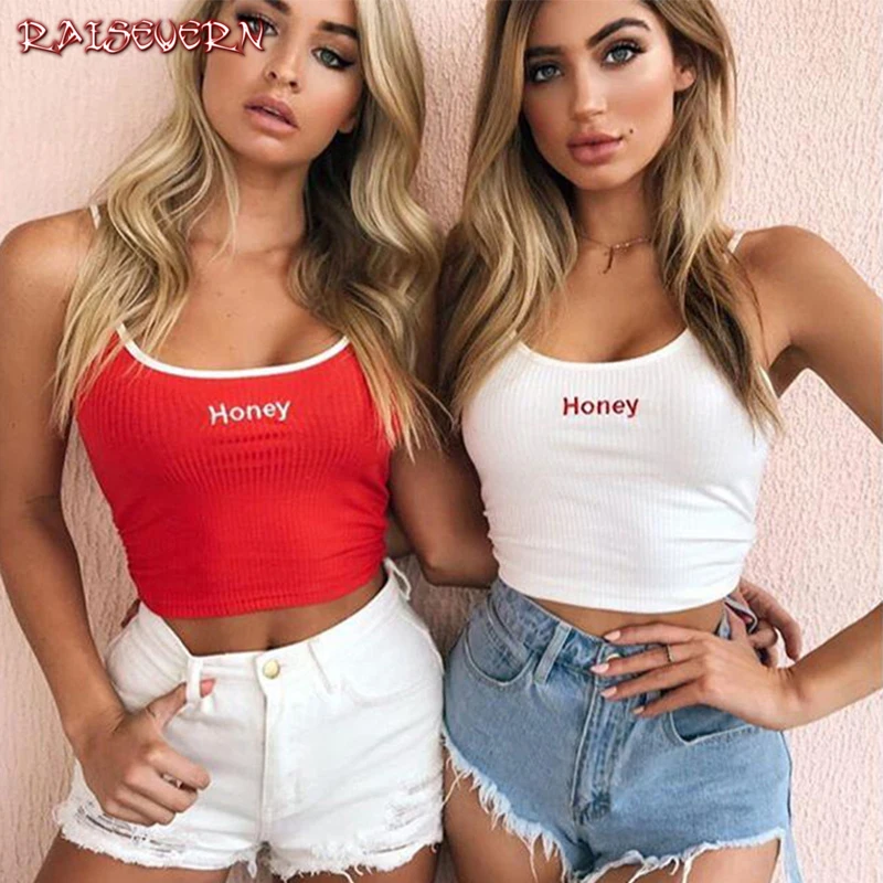 

RAISEVERN Sexy Women Crop Top Summer Honey Letter Embroidery Strap Tank Tops Cropped Feminino Ladies Elastic Shirt Vest Camisole