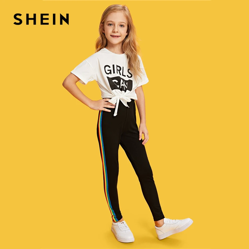 SHEIN/ г.; черные повседневные штаны в радужную полоску с лентой по бокам; леггинсы для девочек; одежда для активного отдыха; брюки с эластичной резинкой на талии; одежда для детей