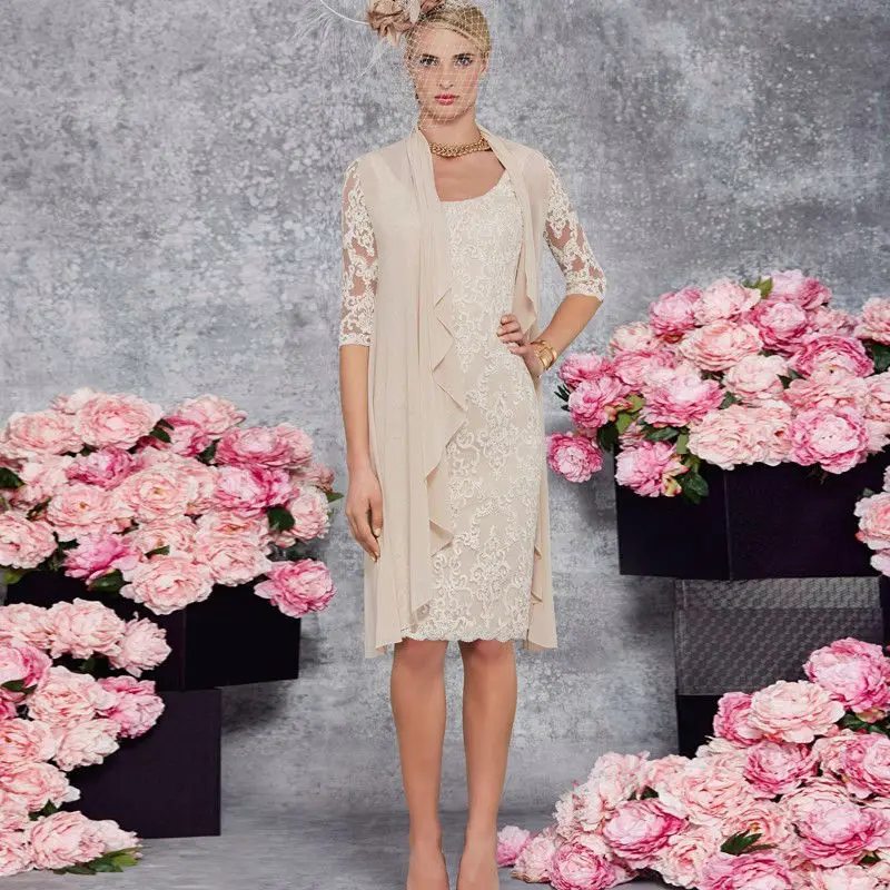 

Sparkly Champagne Tea Length Mother Of The Bride Dresses with Jacket New Lace Mother Bride Dress Formal Evening Gowns