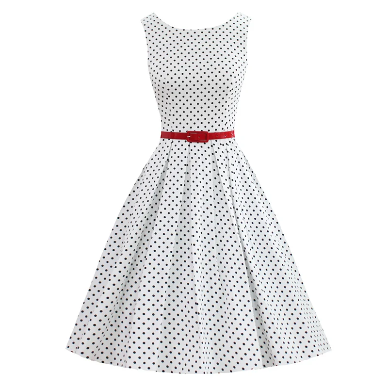 Kostlish 2017 Retro Polka Dot Women Summer Dress O-Neck Sleeveless 50s Vintage Dress With Belt Elegant Party Dresses Plus Size (6)