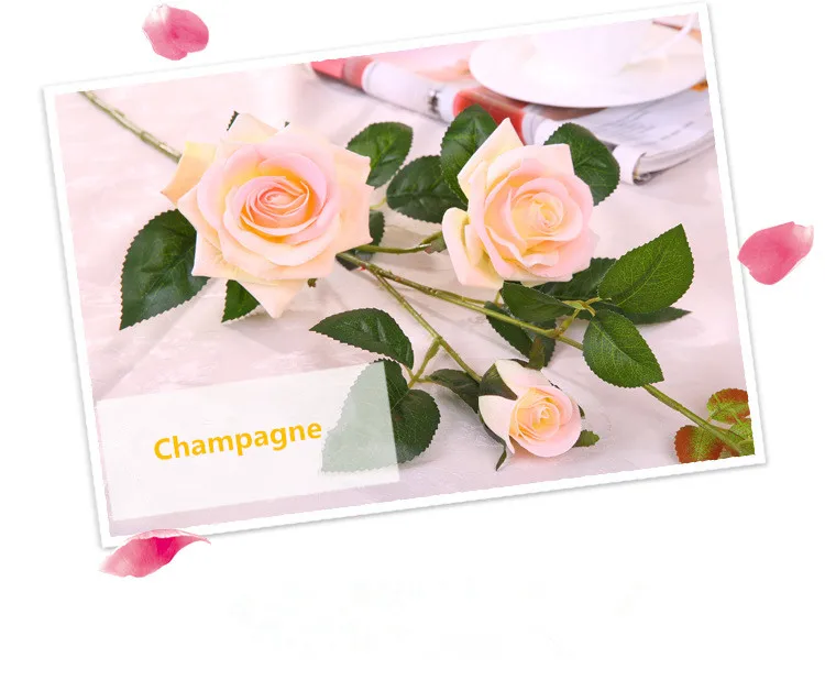 Flone Artificial Rose Flower Simulation Silk Fake Flowers Single Branch 3 Heads Roses Flower For Wedding Home Bedroom Decoration (6)