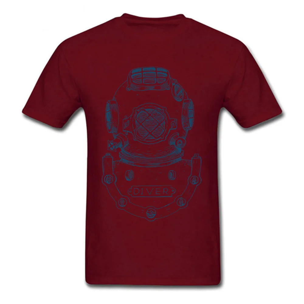 Normal Cotton Fabric Tees for Men Normal T Shirt Printed On Family Crew Neck Tees Short Sleeve Drop Shipping Vintage Deep Sea Diver Helmet Illustration maroon