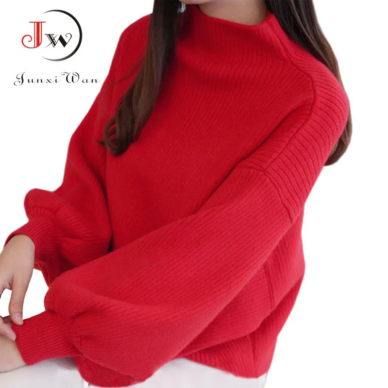 

2019 New Winter Women Sweater Fashion turtleneck Lantern Sleeve Pullovers Loose Knitted Sweaters Female Jumper Tops pull femme