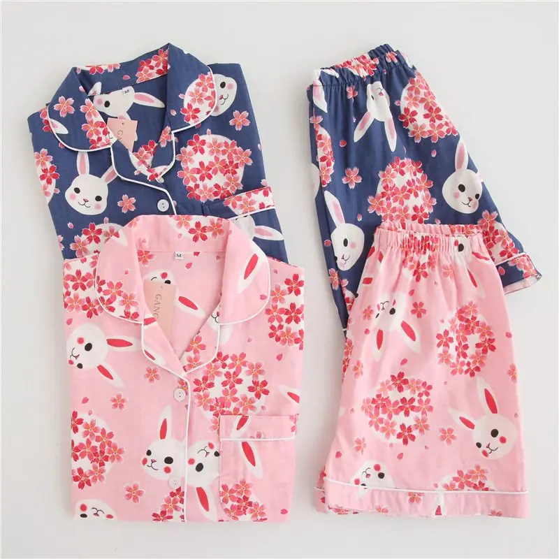 

2019 Summer Homewear Female Casual Cartoon pajama sets Women Turn-down collar shirt + shorts Ladies 100% Cotton sleepwear suit