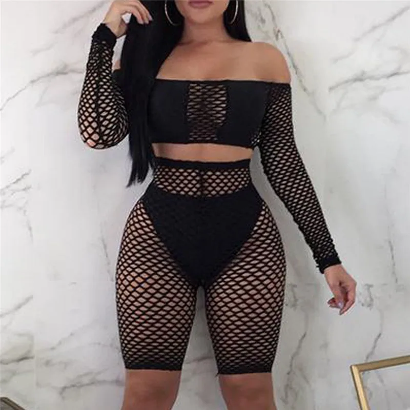 

Fashion Women Ladies Crochet Mesh Long Sleeve See Through Mesh Fishnet Crop Night Sexy Tops Shorts Bottoms Set