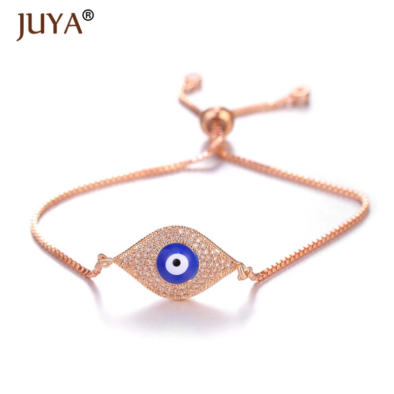 Juya pulseras mujer moda Роскошный AAA циркон горный хрусталь синий турецкий браслет evil Eye греческий глаз Шарм цепочка браслет на запястье - Окраска металла: rose gold