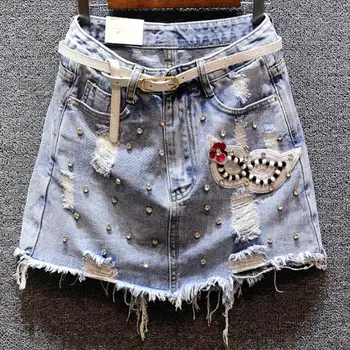 

hole beading denim skirt sequins flowers women summer new rhinestones a-line anti-light jeans mini skirt