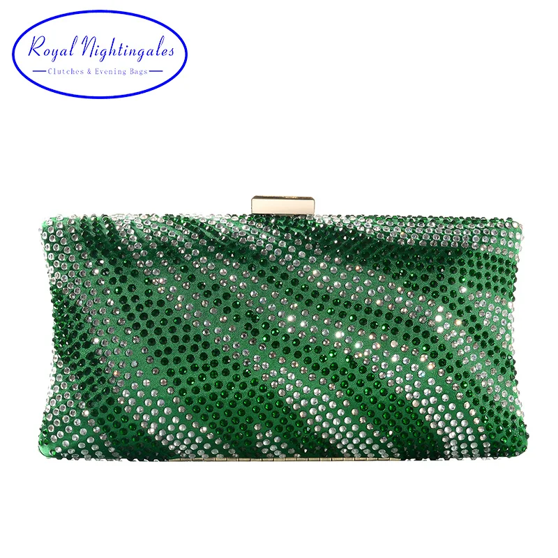 Green Satin Silk Hard Box Evening Clutch Bags with Crystals for Womens Party Wedding Prom Dress