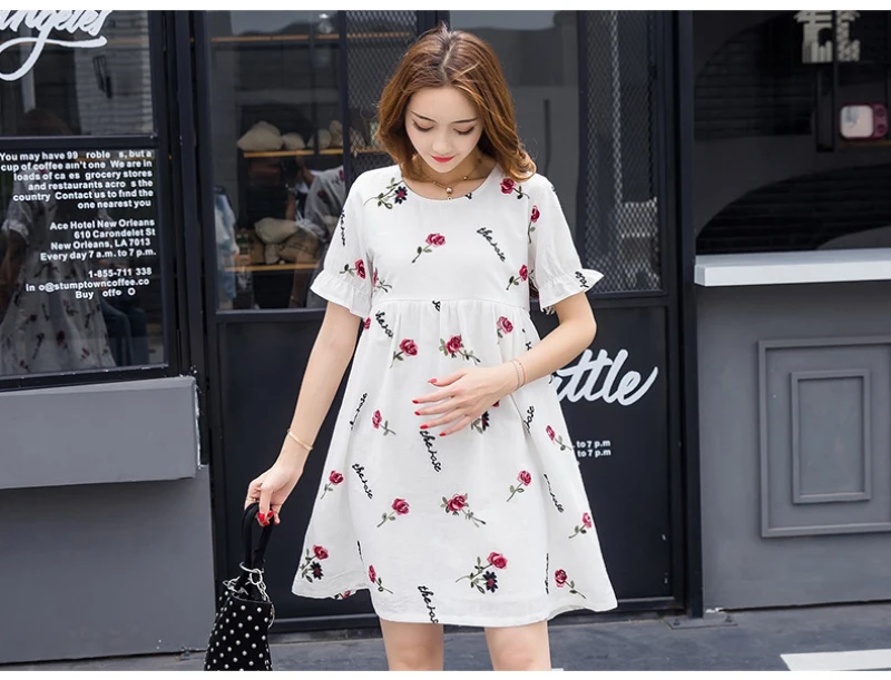 Cotton Pregnant Women Breastfeeding Clothes Summer Embroidery Nursing Dress High Waist Short Sleeve White Maternity Dresses (1)