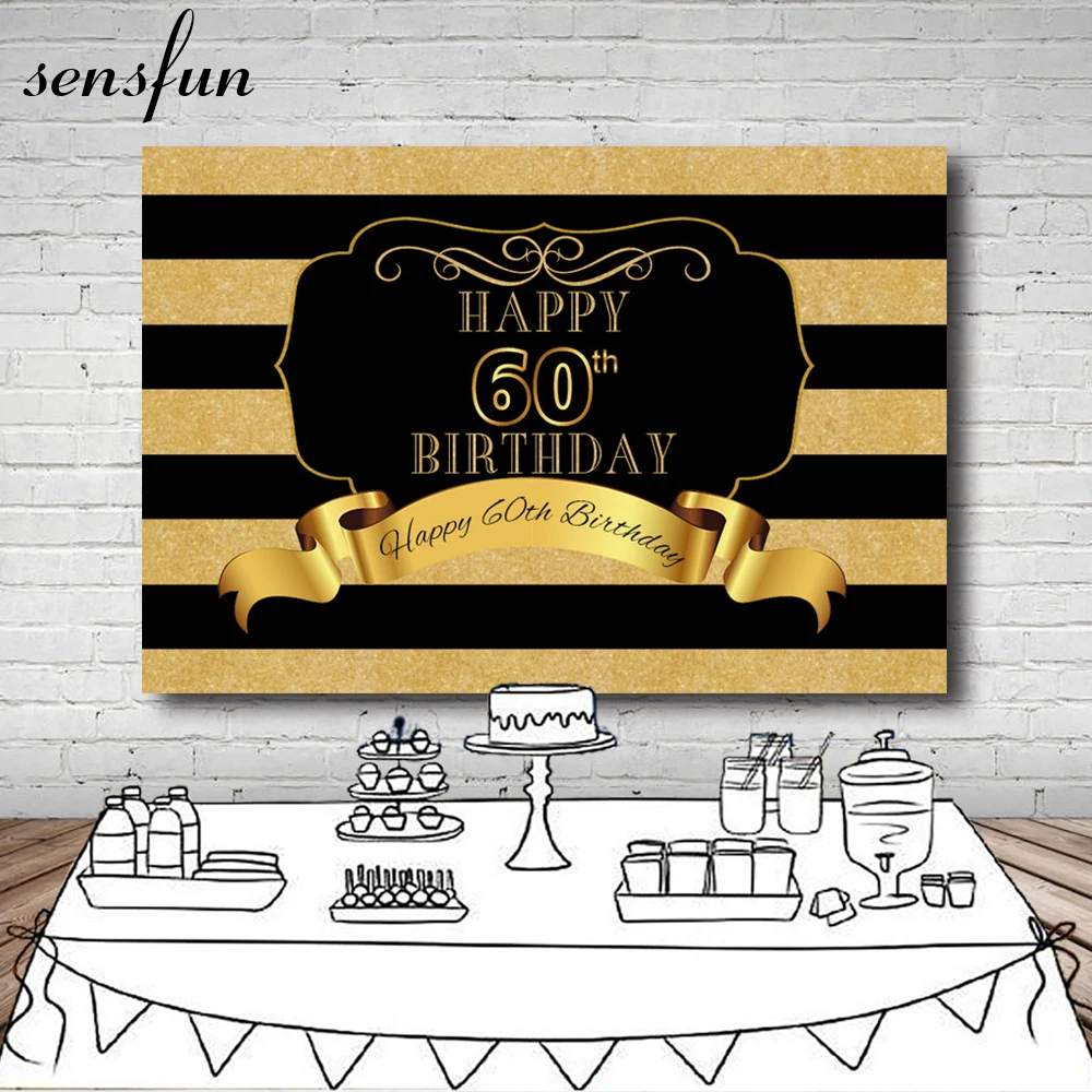 

Sensfun Black And Gold Glitter Striped Photography Backdrop Frame Happy 60th Birthday Party Backdrop Customized 7x5ft Vinyl