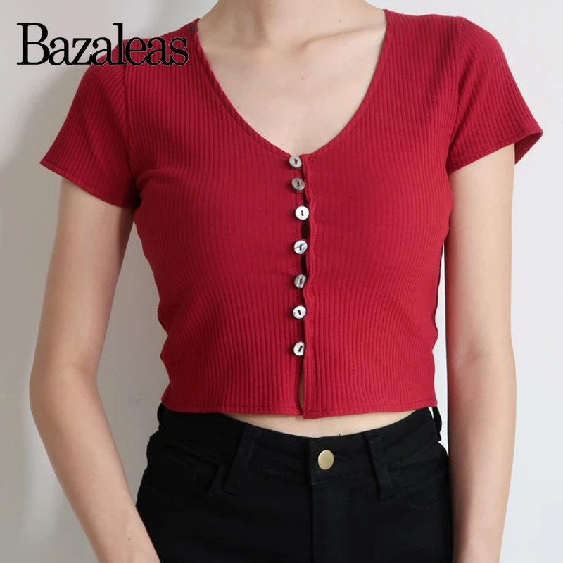 

Bazaleas Streetwear Cropped tshirt women Retro Knitted Women T-shirt Fashion Center Buttons Crop top harajuku Tee Drop shipping