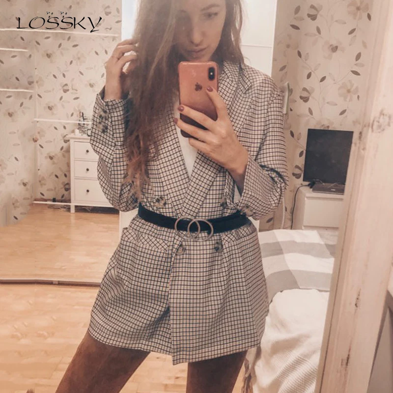 

Lossky Women Autumn Coats Plaid Long Sleeve Small Coats Sexy Lapel Pocket Button Casual Ladies Outerwear Streetwear Fashion 2019
