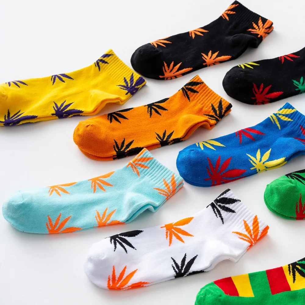 Moda Socmark Summer Women Men's Funny Ankle Socks Hemp Meias Long Happy Maple Leaf sokken Cotton Weed Grass White Black Socken