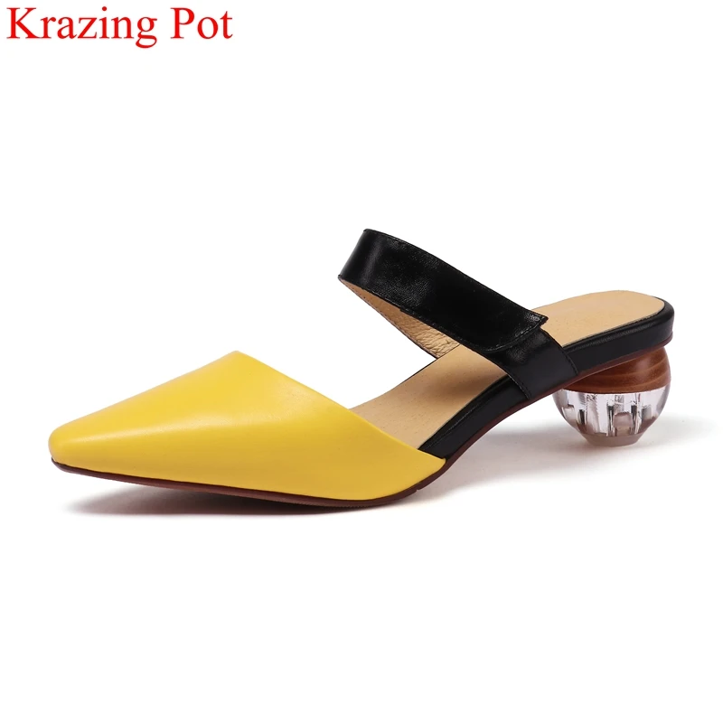 

big size cow leather shallow slip on round heels women sandals slingback office lady mules sweet brand wedding summer shoes L7F5