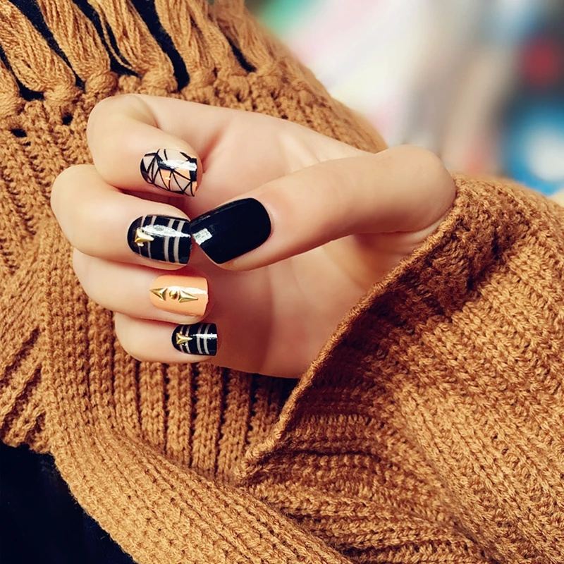 Модные Черные накладные ногти, блестящие оранжевые серые полоски, треугольник, сделай сам, дизайн ногтей, пресс на ногти, полное покрытие, маникюрные инструменты Z095