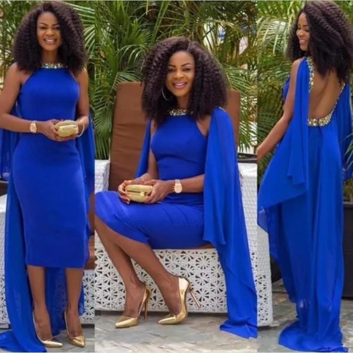 

Arabic Dubai 2019 Royal Blue Tea Length Arabic Evening Dress Sexy High Neck Beaded Myriam fares Short Prom Party Celebrity Gown