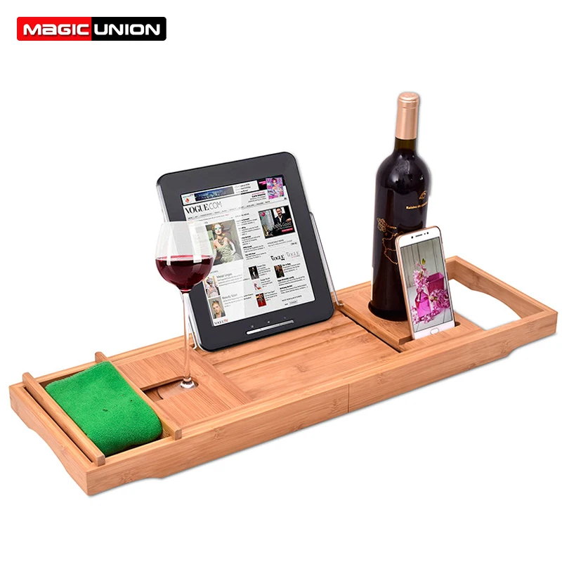 

Magic Union Bamboo Bathtub Rack Multi-functional Bathroom Telescopic Storage Rack Mobile Phone Holder Bathroom Shelf Spa Relax