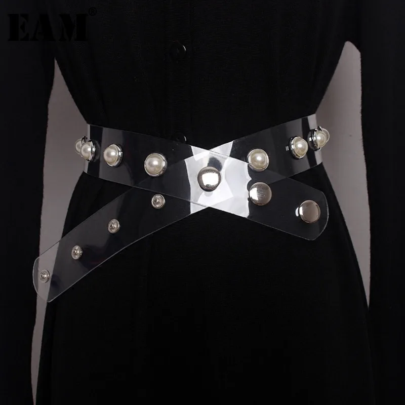 

[EAM] 2019 New Spring Women Fashion Tide Transparent PVC Rivet Imitation Pearl Decoration Simple All-match Belt S958