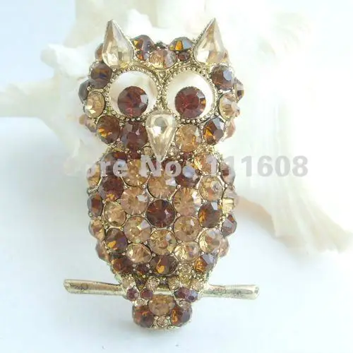 

Charming Bird Owl Brooch Pin w Brown Rhinestone Crystals EE04900C5