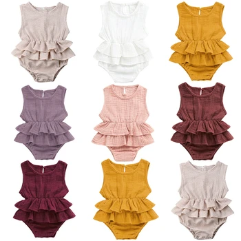 

7 Color Summer Solid Sleeveless Ruffle Jumpsui Cotton & Linen Baby Bodysuit Jumpsuits Cute Baby Girl Clothes Wholesale