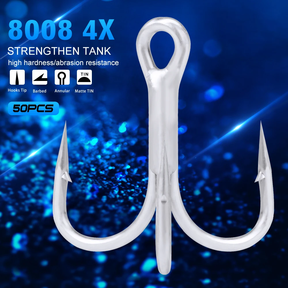 

Matte Tin 4X 50pcs/lot Saltwater Fishing Hook High-Carbon Steel Fishhook 4/0#-3/0#-1/0#-1#-2#-4# Treble Hook High Strength Hook