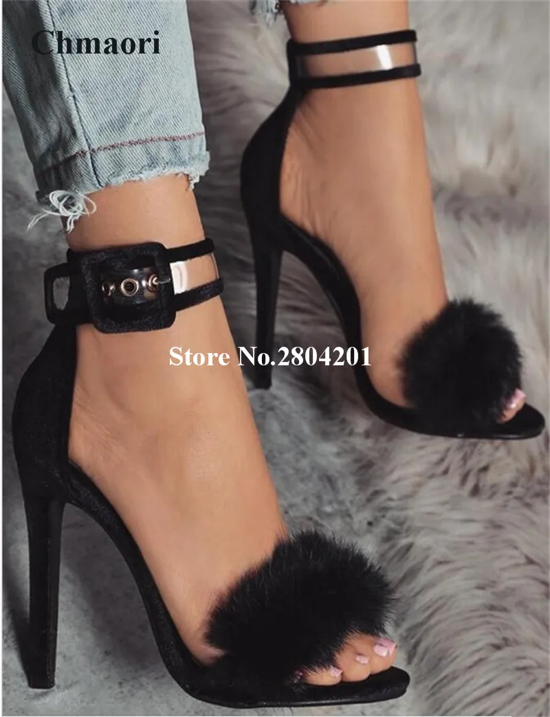 

2018 Summer Fashion Shoes Women High Heels Sandals Peep Toe Fur Ball Buckle Strap Party Wedding Shoes Black Shoes Women