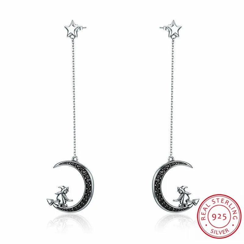 

Hot Sale 925 Sterling Silver Magical Witch and Moon Dangle Earrings Jewelry Women Accessories Women Fashion Halloween Earrings