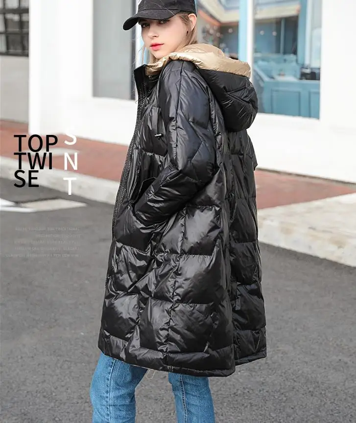 الشتاء أزياء العلامة التجارية نوعية جيدة وهمية قطعتين مقنعين بطة أسفل معطف الإناث لامعة النسيج سمكا الدافئة أسفل ستر wq716