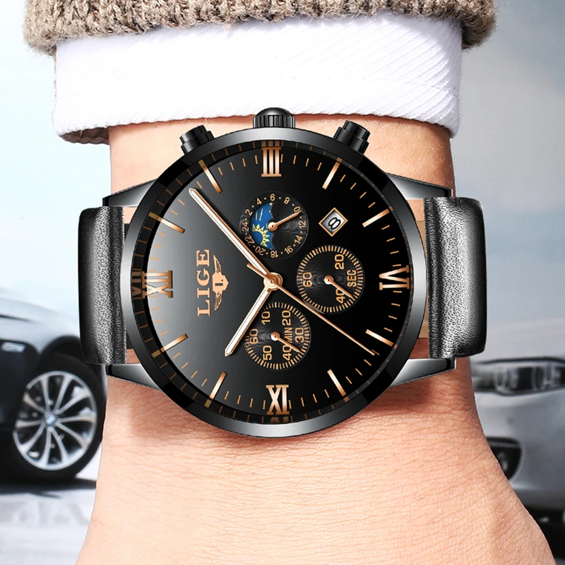 2017 LIGE Watches Top Brand Luxury Waterproof 24 hour Date Quartz Watch Man Leather Sports Wrist Watch Men Waterproof Clock Mens