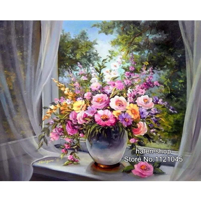 Hot Window Sill Flowers Pattern Diamond Embroidery Diy Needlework