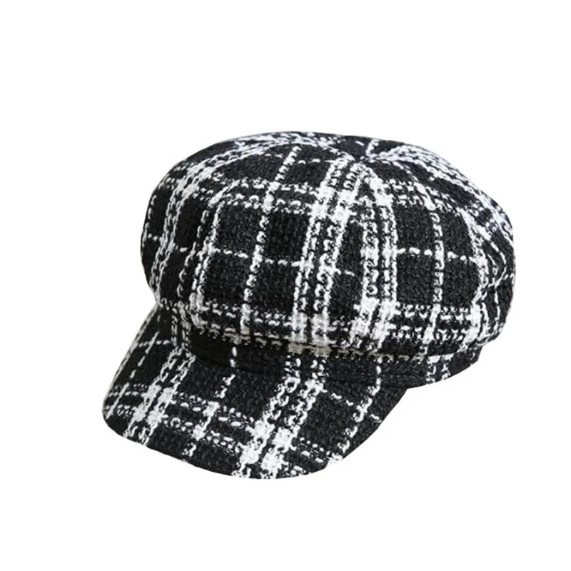 Черно-белая твидовая клетчатая шляпа Женская Зимняя кепка газетчика фетровые шапки для женщин Винтажная теплая Толстая восьмиугольная кепка 2 стиля