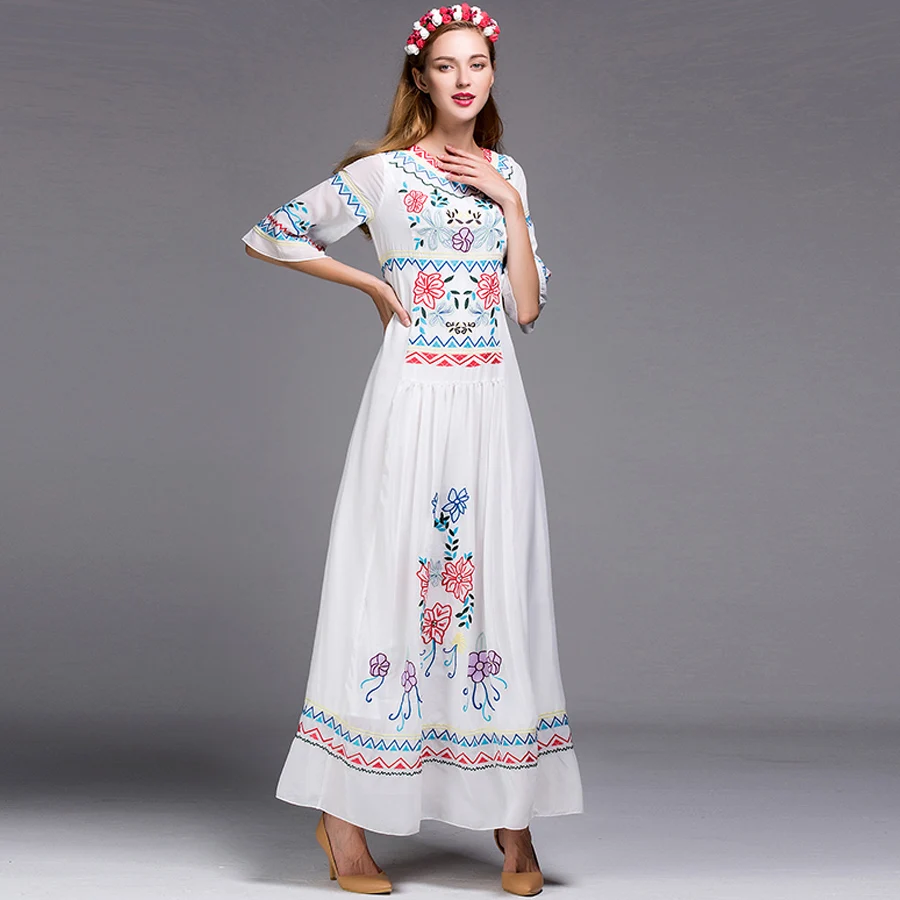 

VERDEJULIAY Runway Long Summer Dress 2019 New Fashion Autumn Flare Sleeve Flower Embroidery White Maxi Party Dress Vestidos
